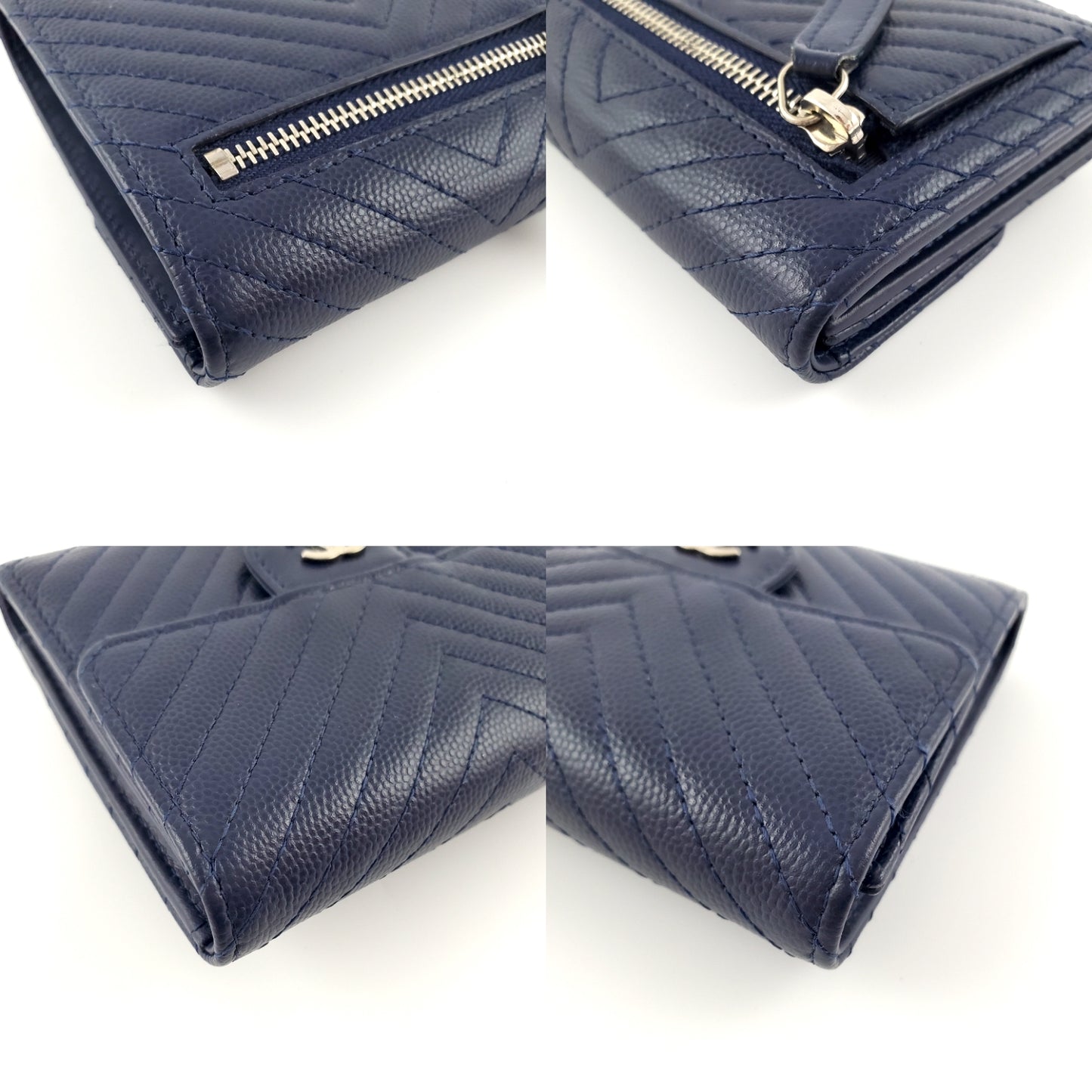 CHANEL Classic Navy Caviar Compact Quilted Flap Chevron Wallet