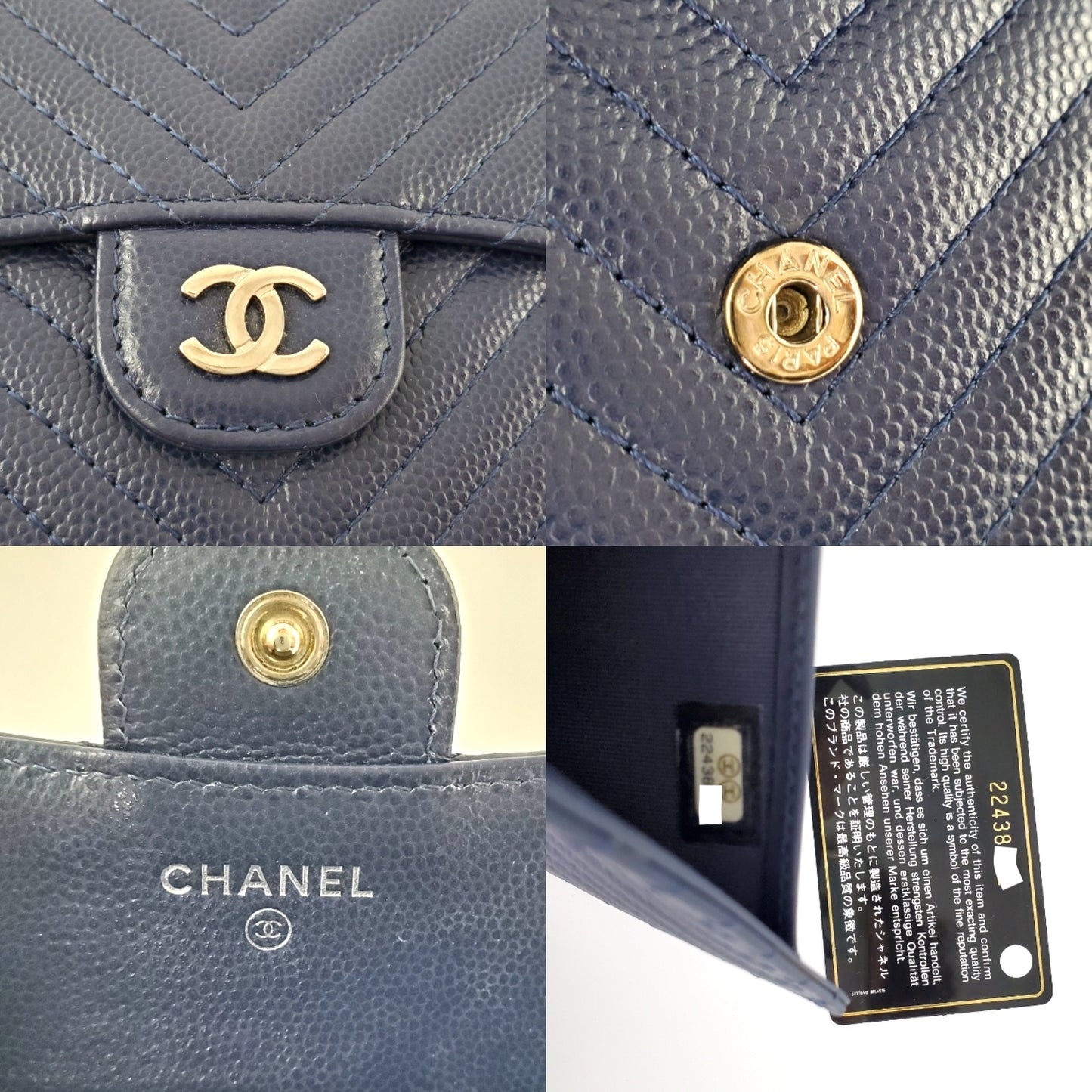 CHANEL Classic Navy Caviar Compact Quilted Flap Chevron Wallet