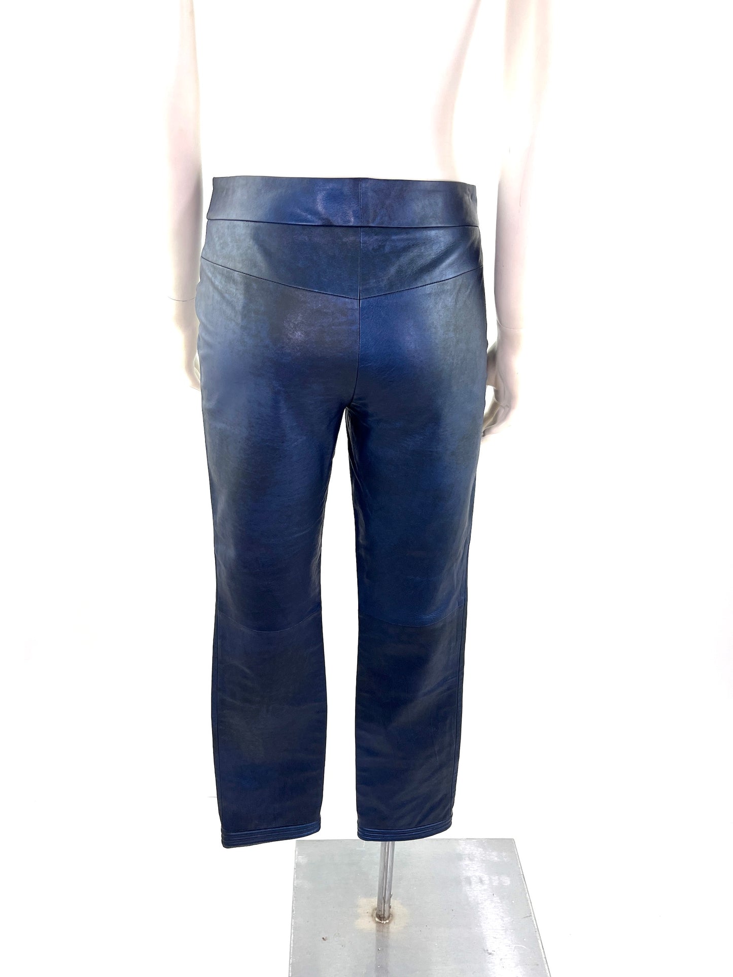 CHANEL Navy Blue Leather Straight Leg Pants 36 2