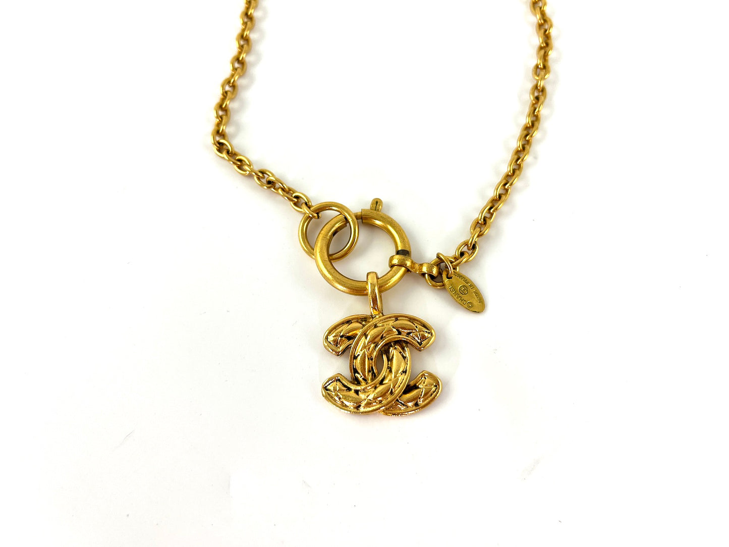 Vintage CHANEL Gold 1990’s Quilted CC Pendant Necklace