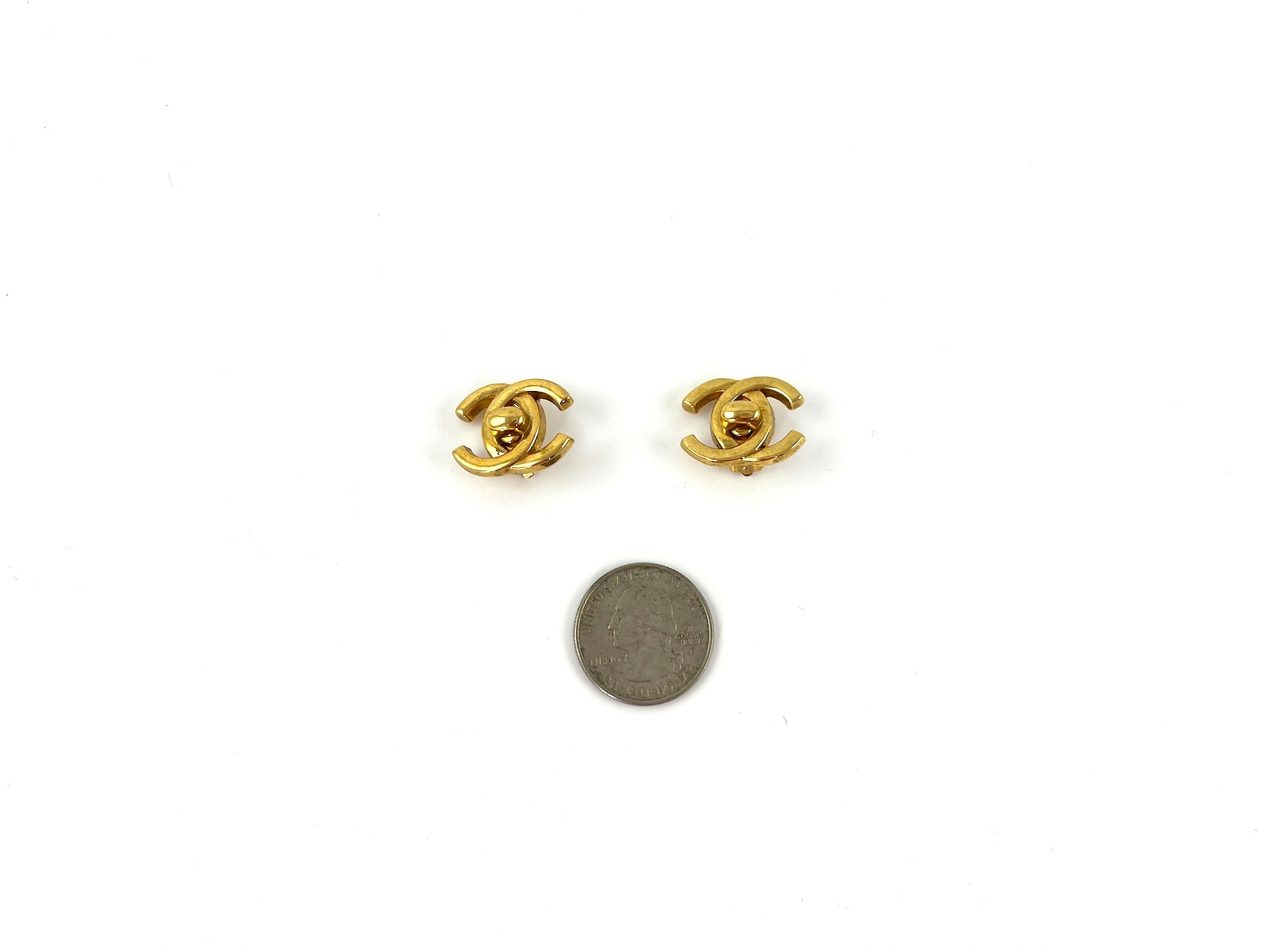 Vintage CHANEL Gold Plated 1996 Turnlock CC Stud Clip on Earrings