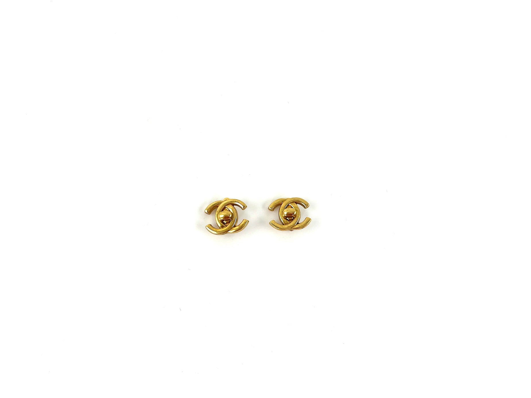 Vintage CHANEL Gold Plated 1996 Turnlock CC Stud Clip on Earrings