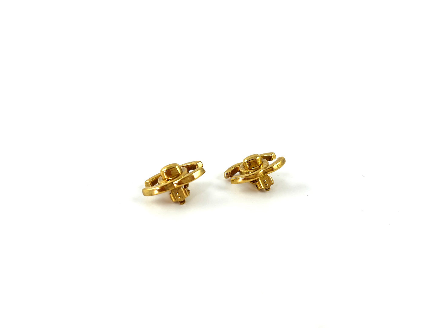 Vintage CHANEL Gold Plated 1996 Turnlock CC Stud Clip on Earrings