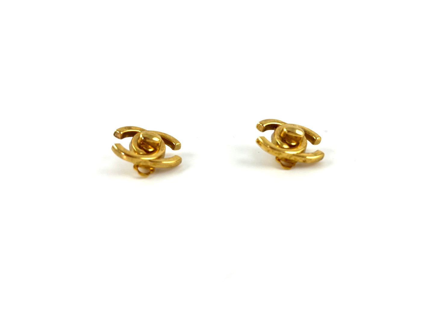 Vintage CHANEL Gold Plated 1996 Turnlock CC Stud Clip on Earrings