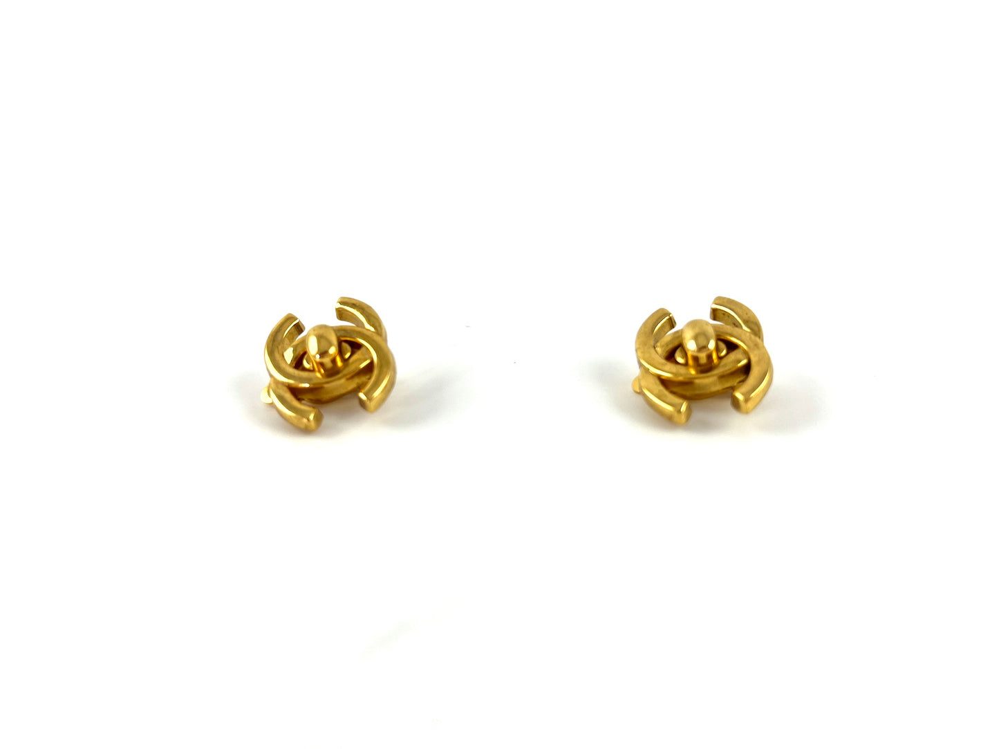 Vintage CHANEL Gold Plated 1996 Turnlock CC Stud Clip on Earrings