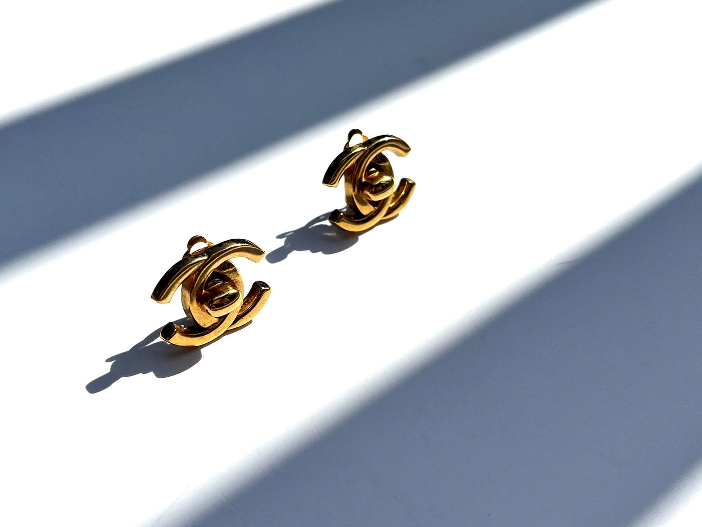 Vintage CHANEL Gold Plated 1996 Turnlock CC Stud Clip on Earrings