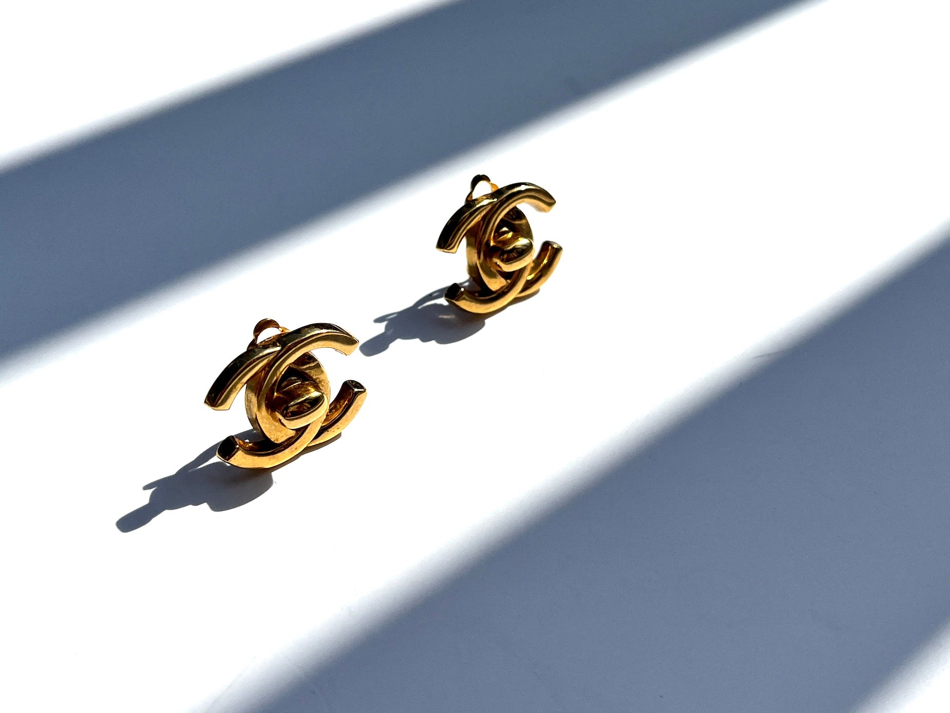 Vintage CHANEL Gold Plated 1996 Turnlock CC Stud Clip on Earrings