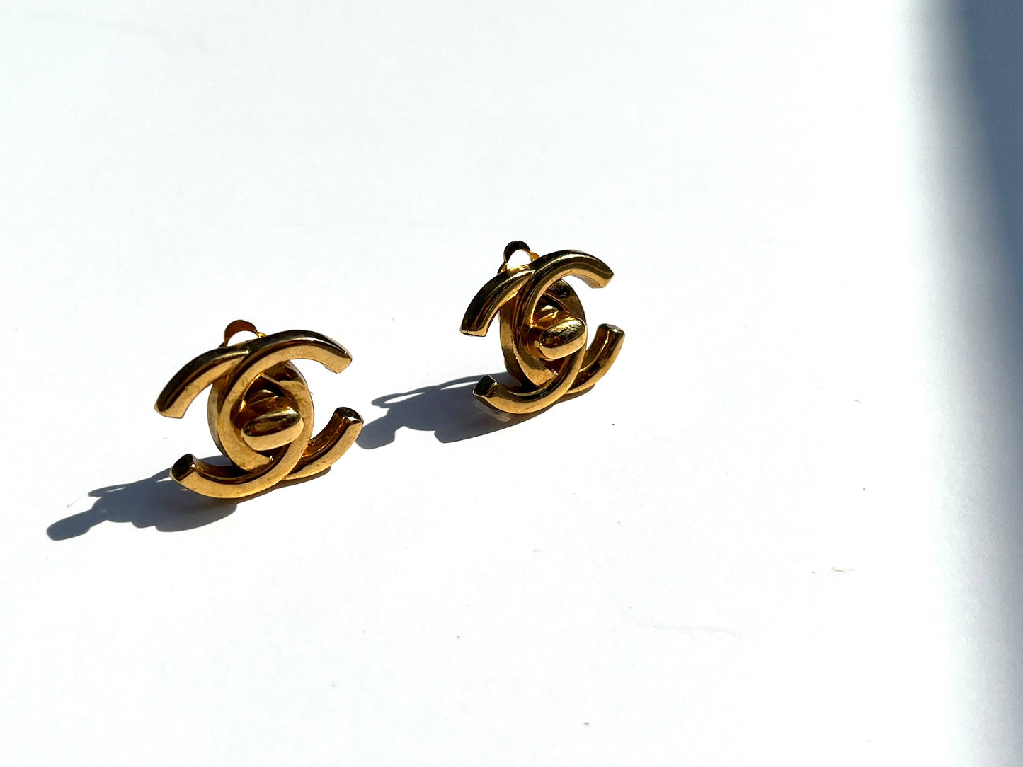 Vintage CHANEL Gold Plated 1996 Turnlock CC Stud Clip on Earrings