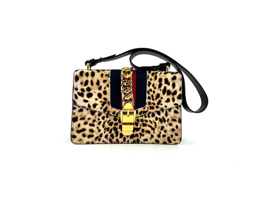 GUCCI Sylvie Calf Hair Leopard Print Web Small Shoulder Bag