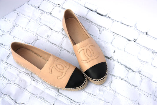 Chanel Beige Black Lambskin Round Toe Espadrilles 41