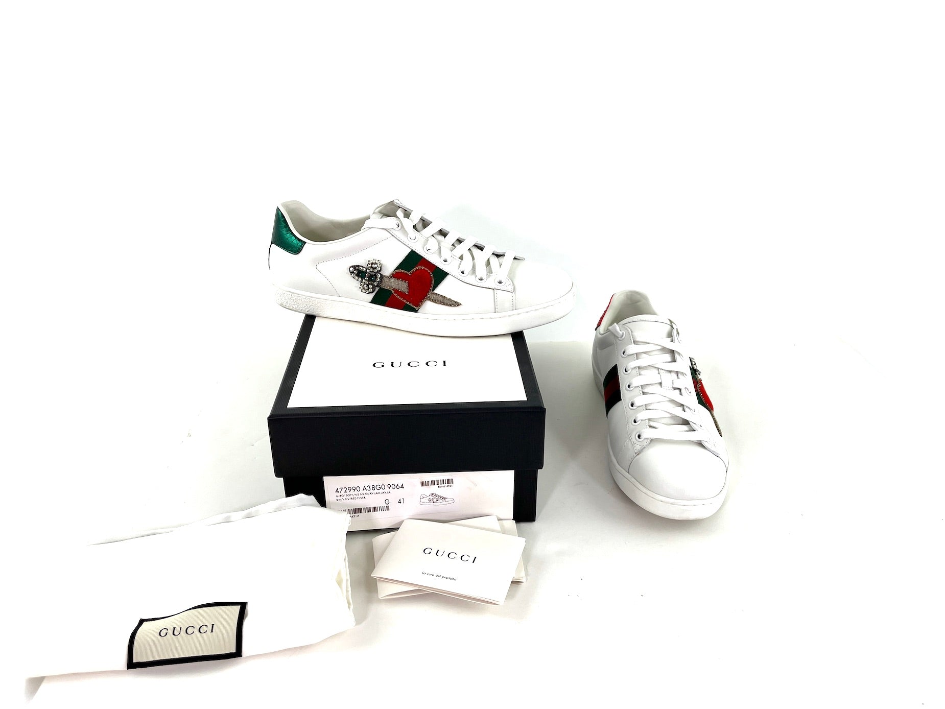 GUCCI Heart Web Crystal Ace White  Sneakers 41 10.5