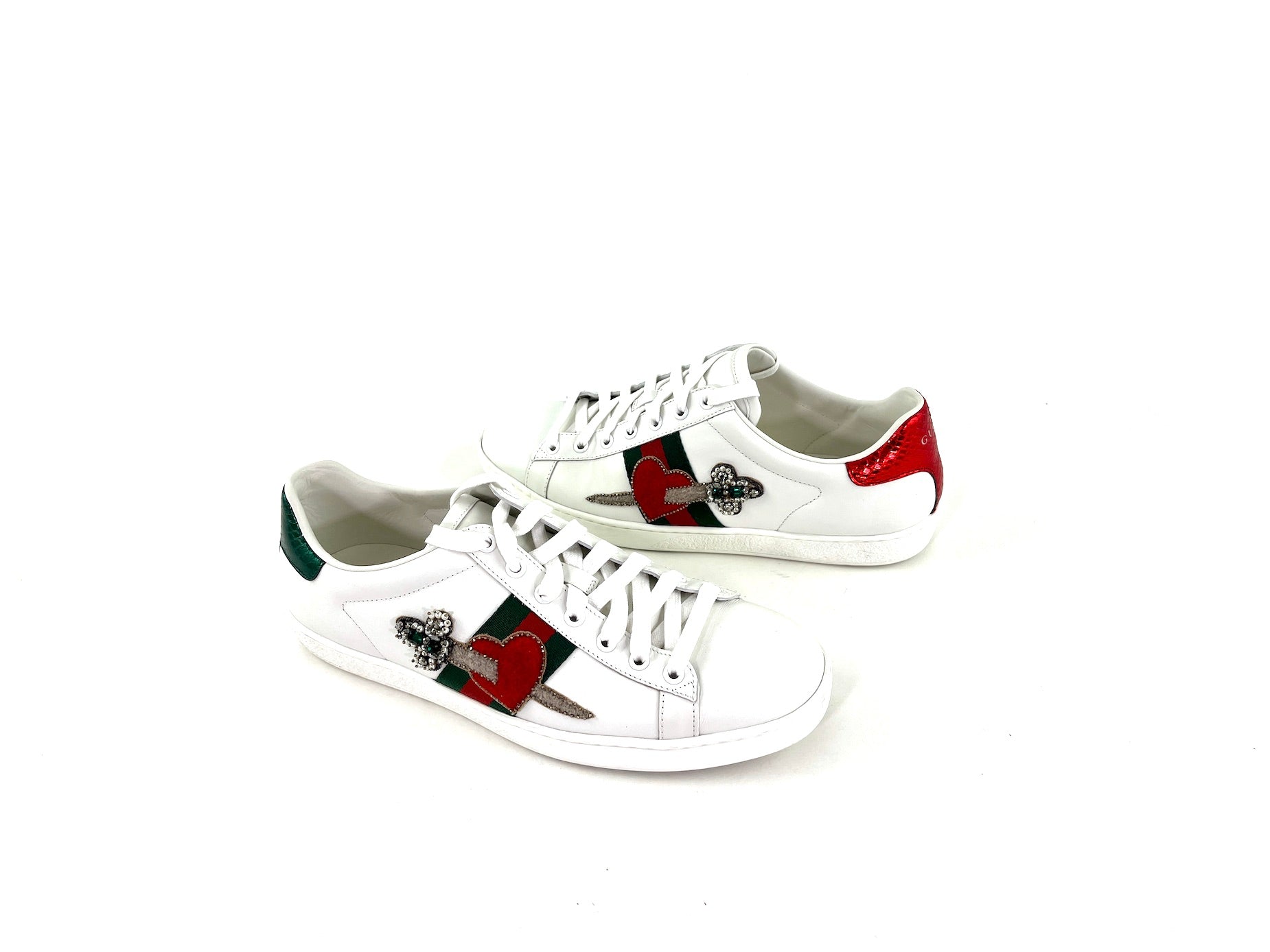 GUCCI Heart Web Crystal Ace White  Sneakers 41 10.5