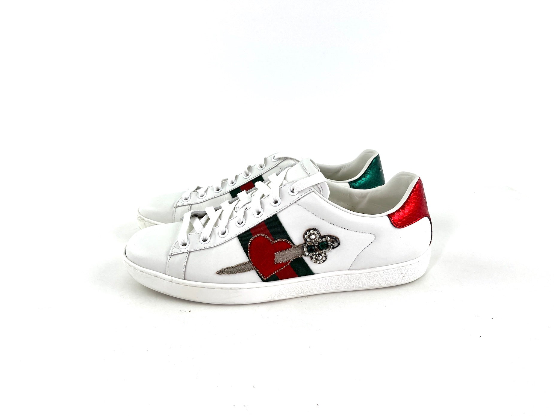 GUCCI Heart Web Crystal Ace White  Sneakers 41 10.5