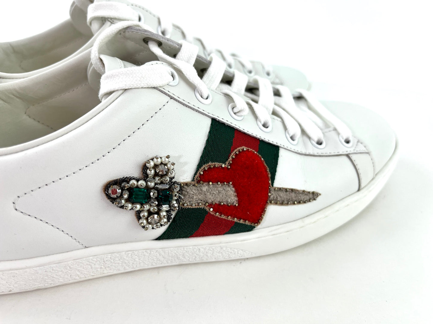 GUCCI Heart Web Crystal Ace White  Sneakers 41 10.5