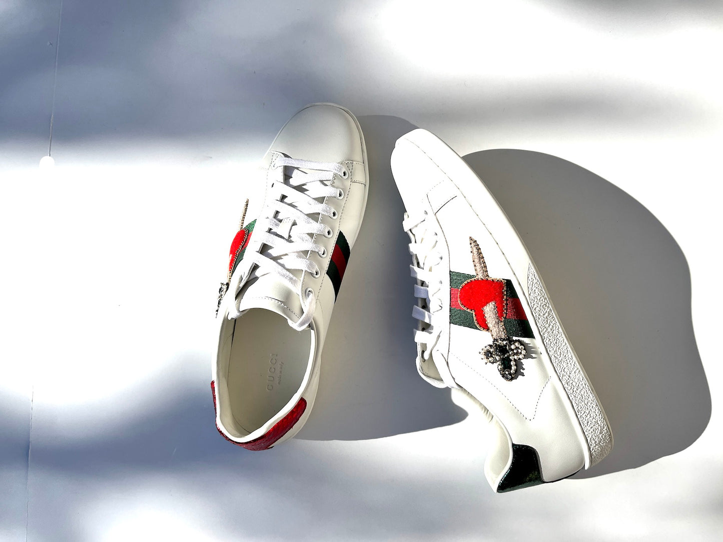 GUCCI Heart Web Crystal Ace White  Sneakers 41 10.5