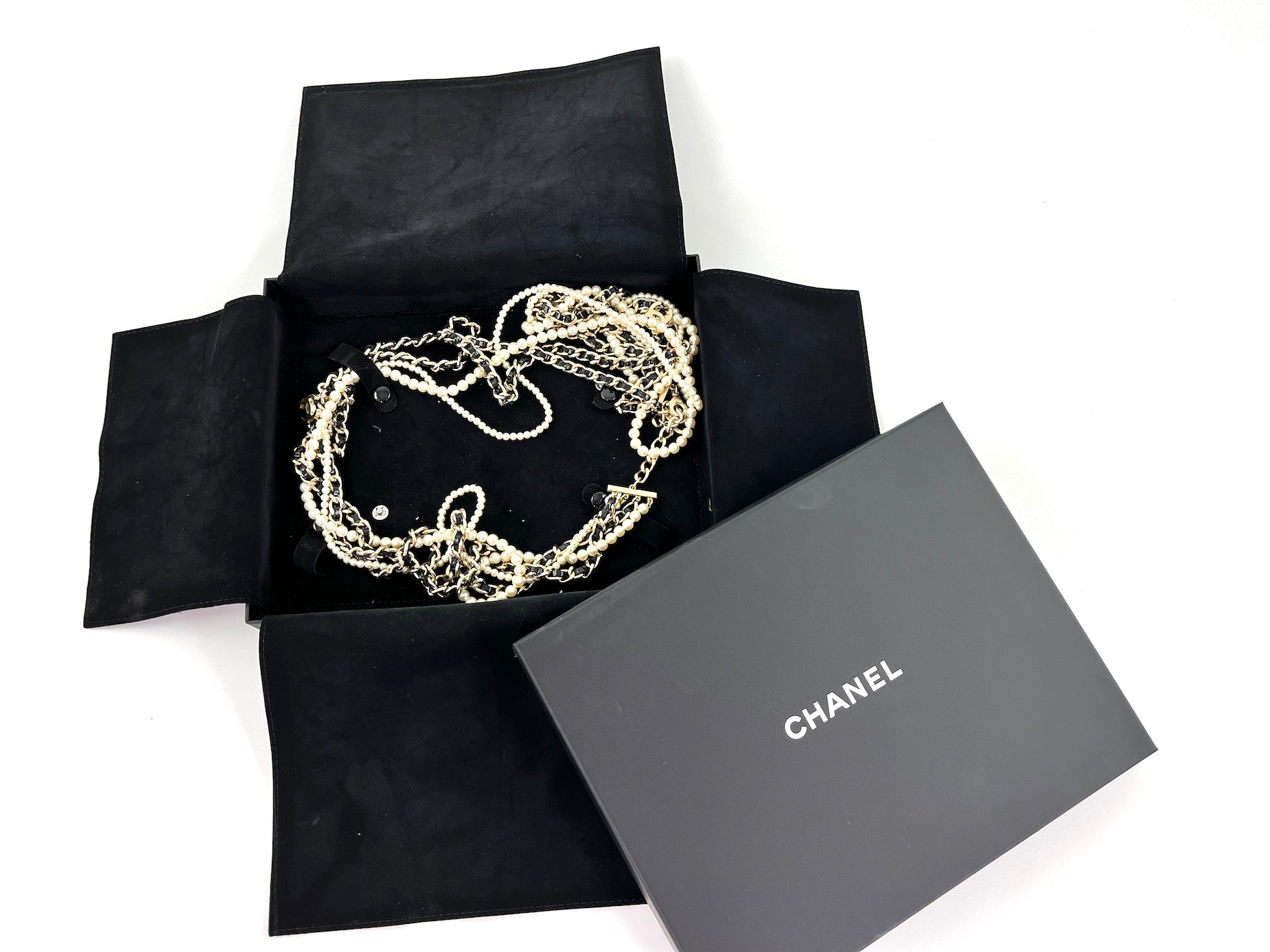 Chanel Faux Pearl Chain Leather Multistrand CC Long Necklace