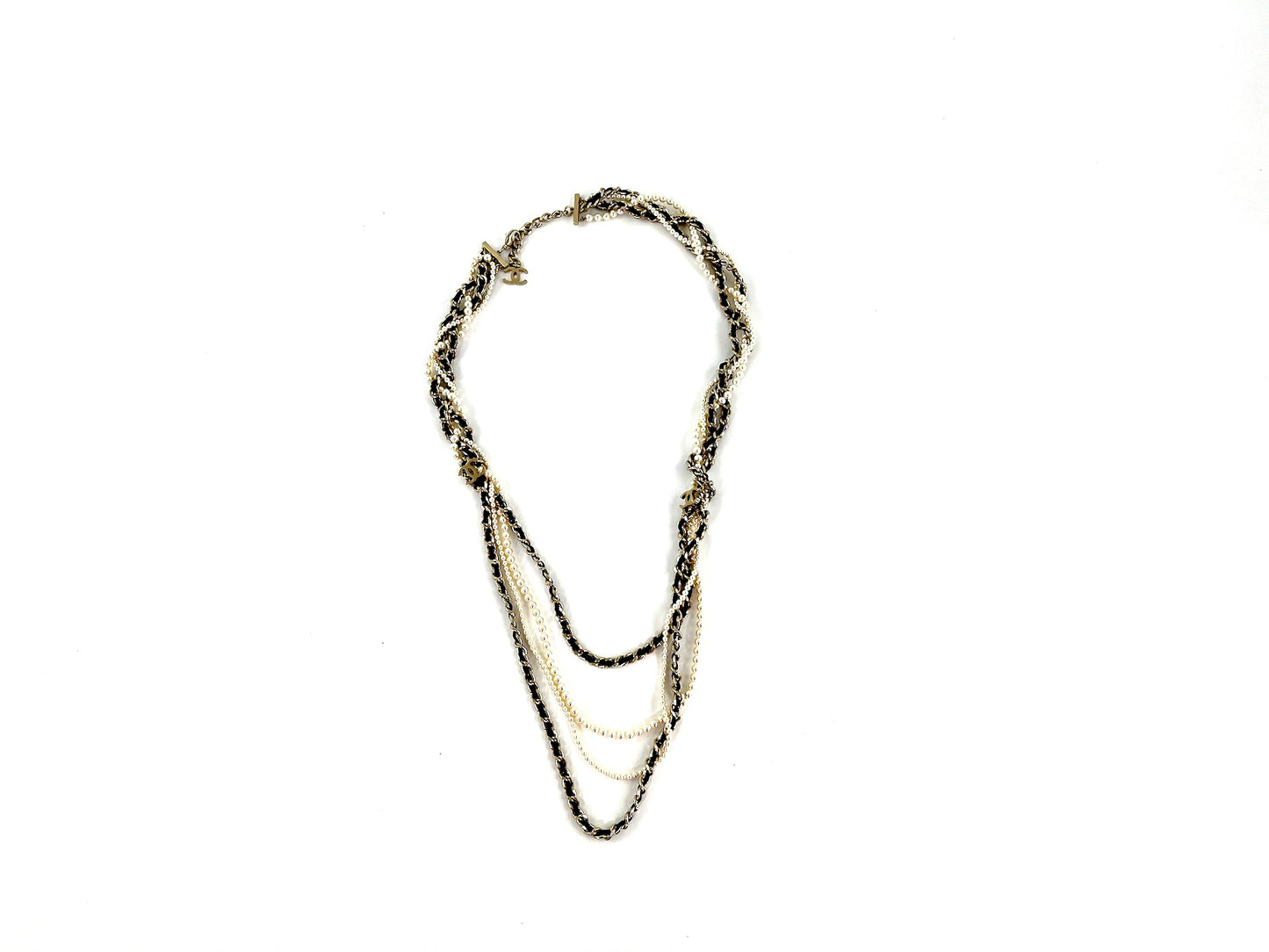 Chanel Faux Pearl Chain Leather Multistrand CC Long Necklace