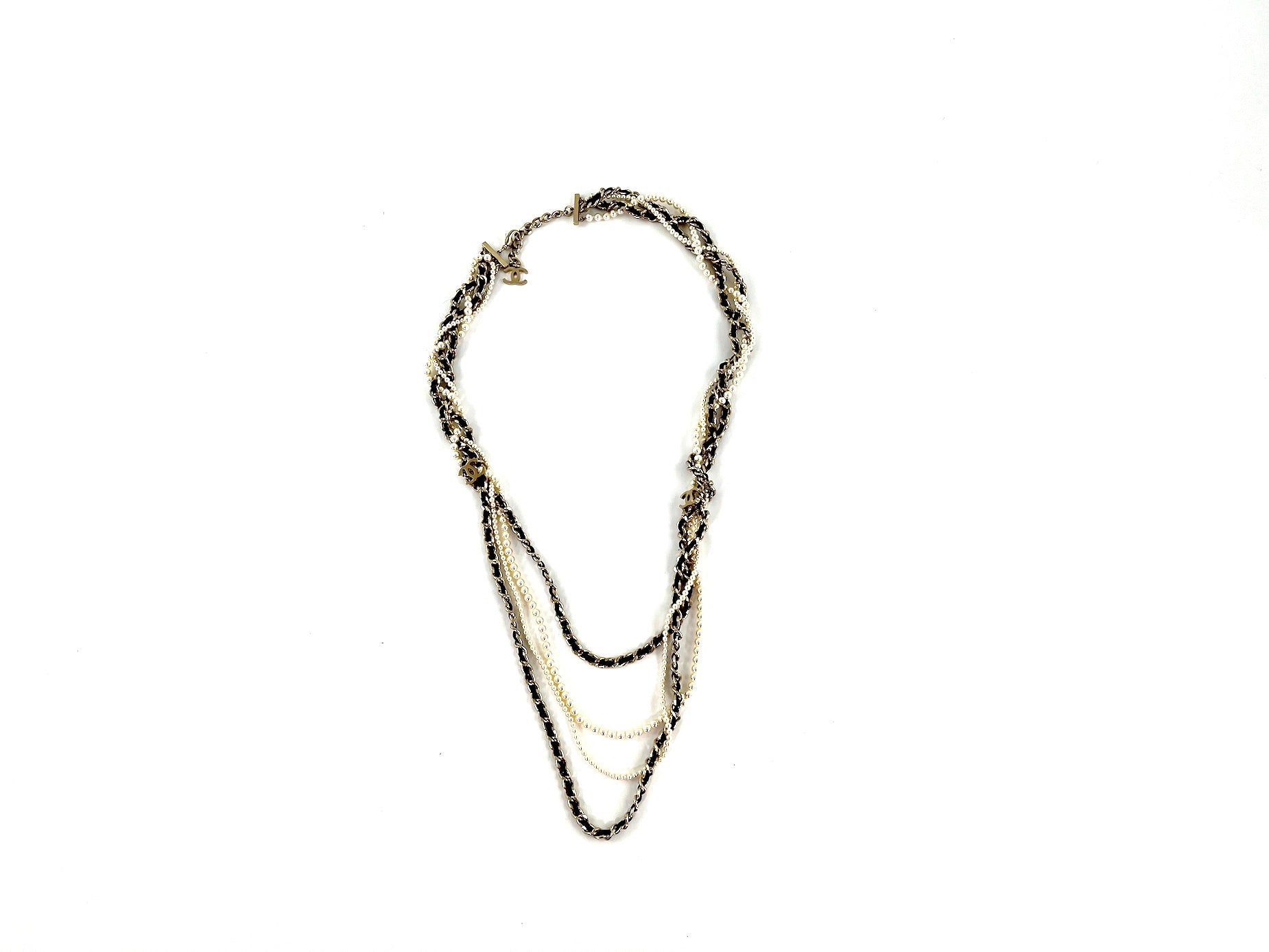 Chanel Faux Pearl Chain Leather Multistrand CC Long Necklace