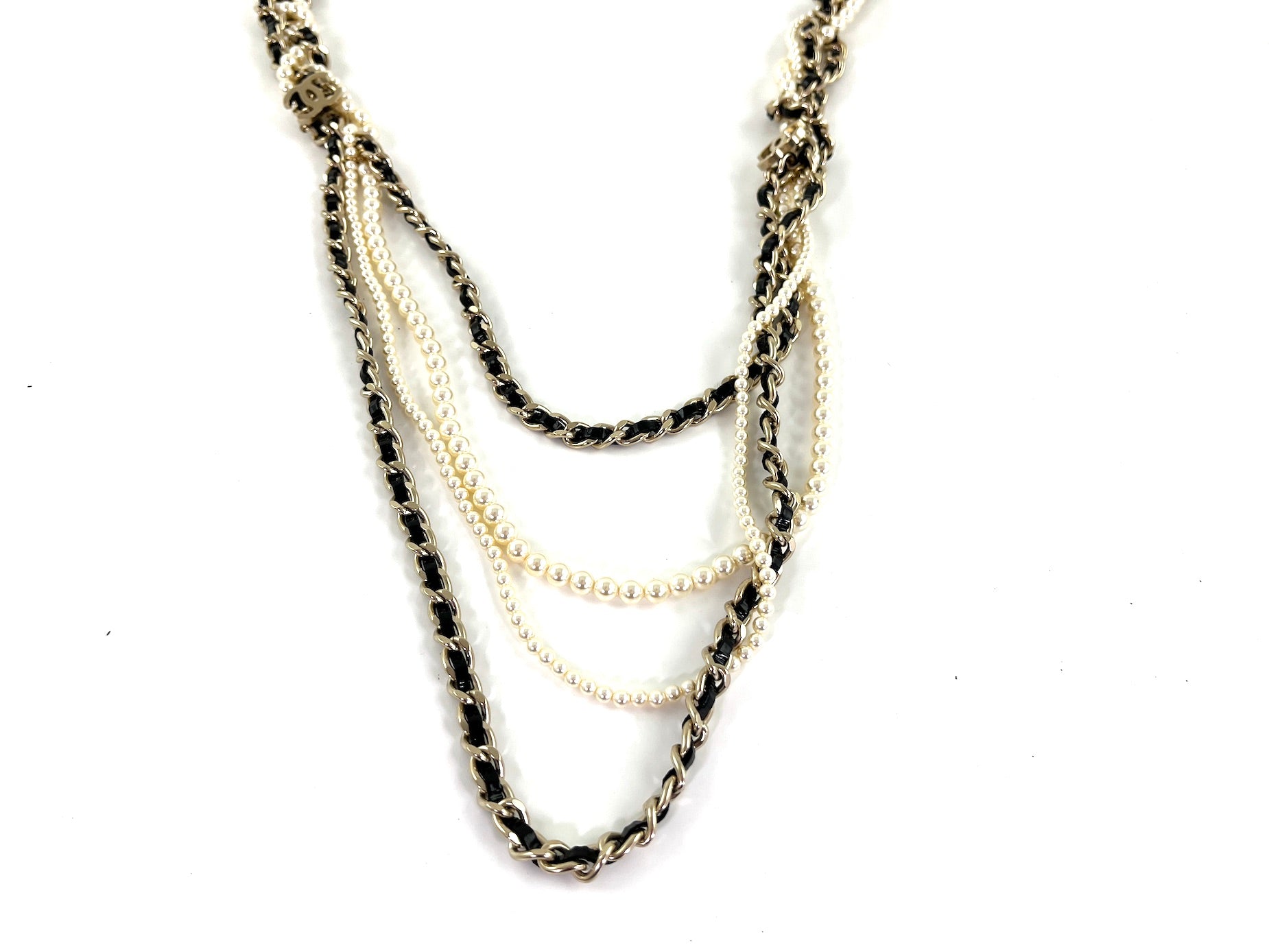 Chanel Faux Pearl Chain Leather Multistrand CC Long Necklace