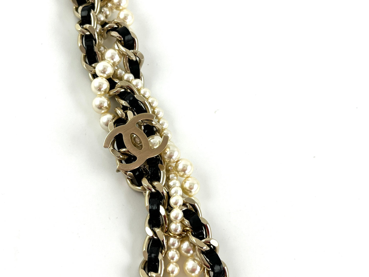 Chanel Faux Pearl Chain Leather Multistrand CC Long Necklace