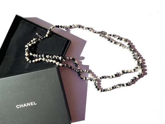 Chanel Faux Pearl Black Silver Multistrand CC Long Necklace