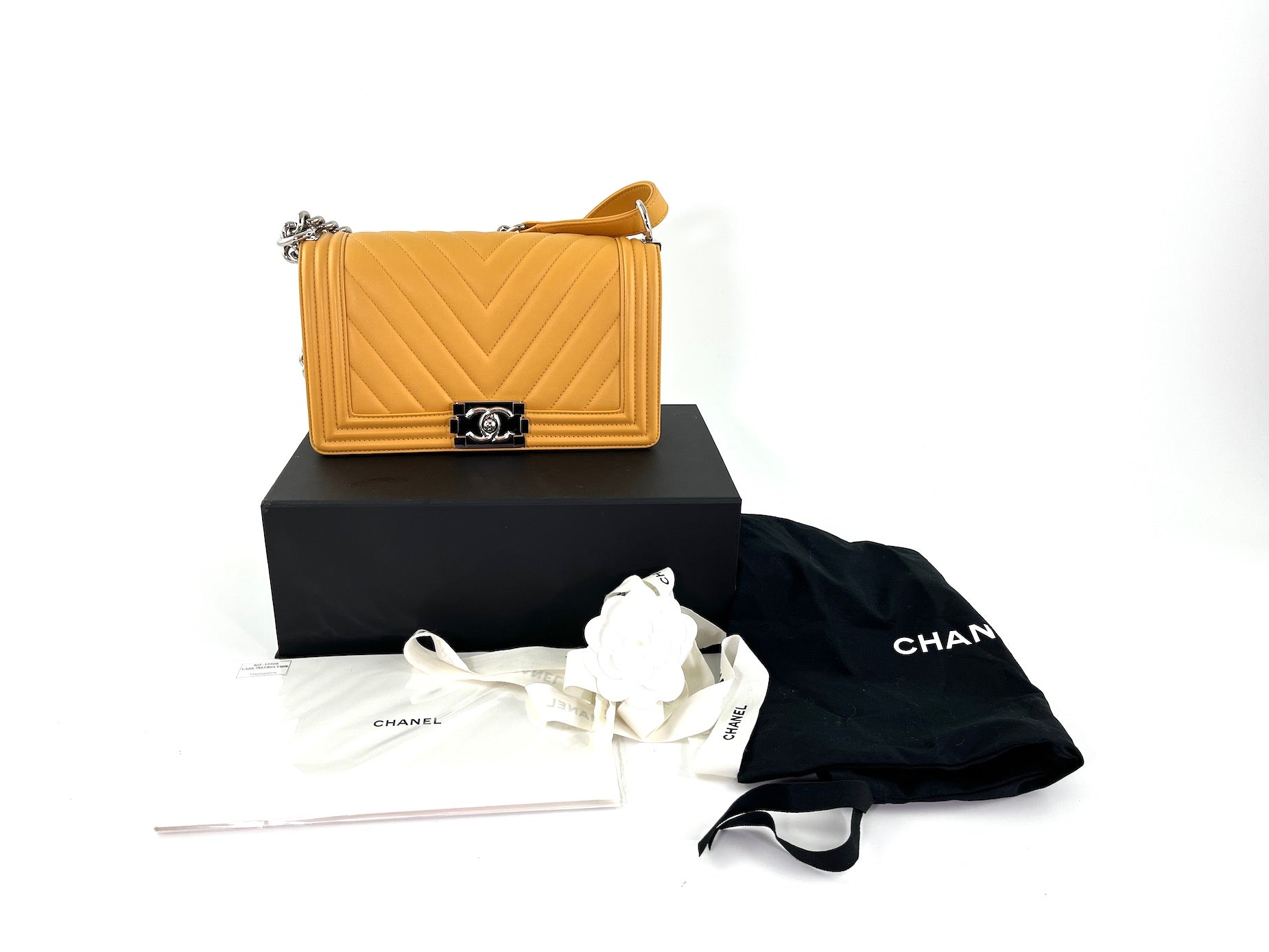 CHANEL Boy Old Medium Yellow Chevron Quilted Calfskin Bag