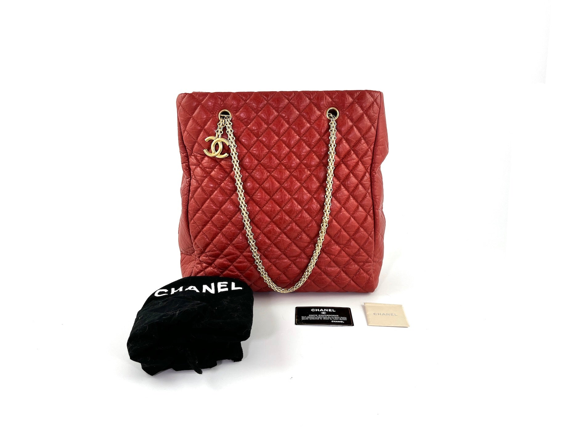 CHANEL Red Quilted North South Chain Leather Tote Bag