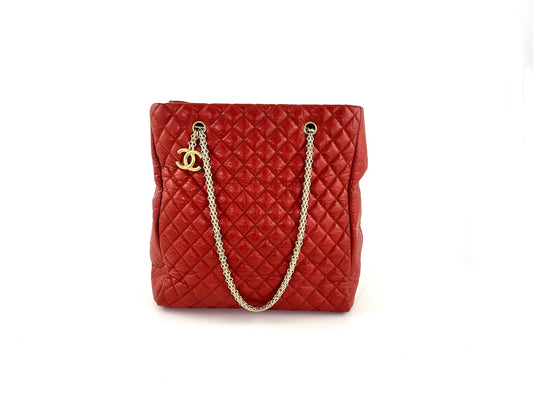 CHANEL Red Quilted North South Chain Leather Tote Bag