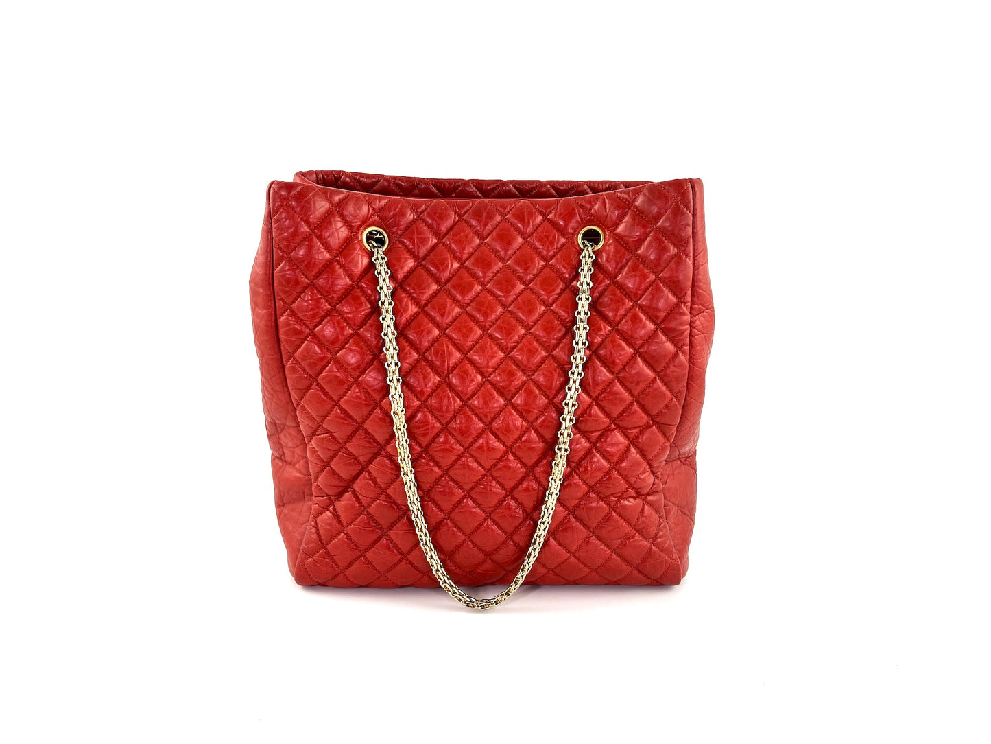 CHANEL Red Quilted North South Chain Leather Tote Bag