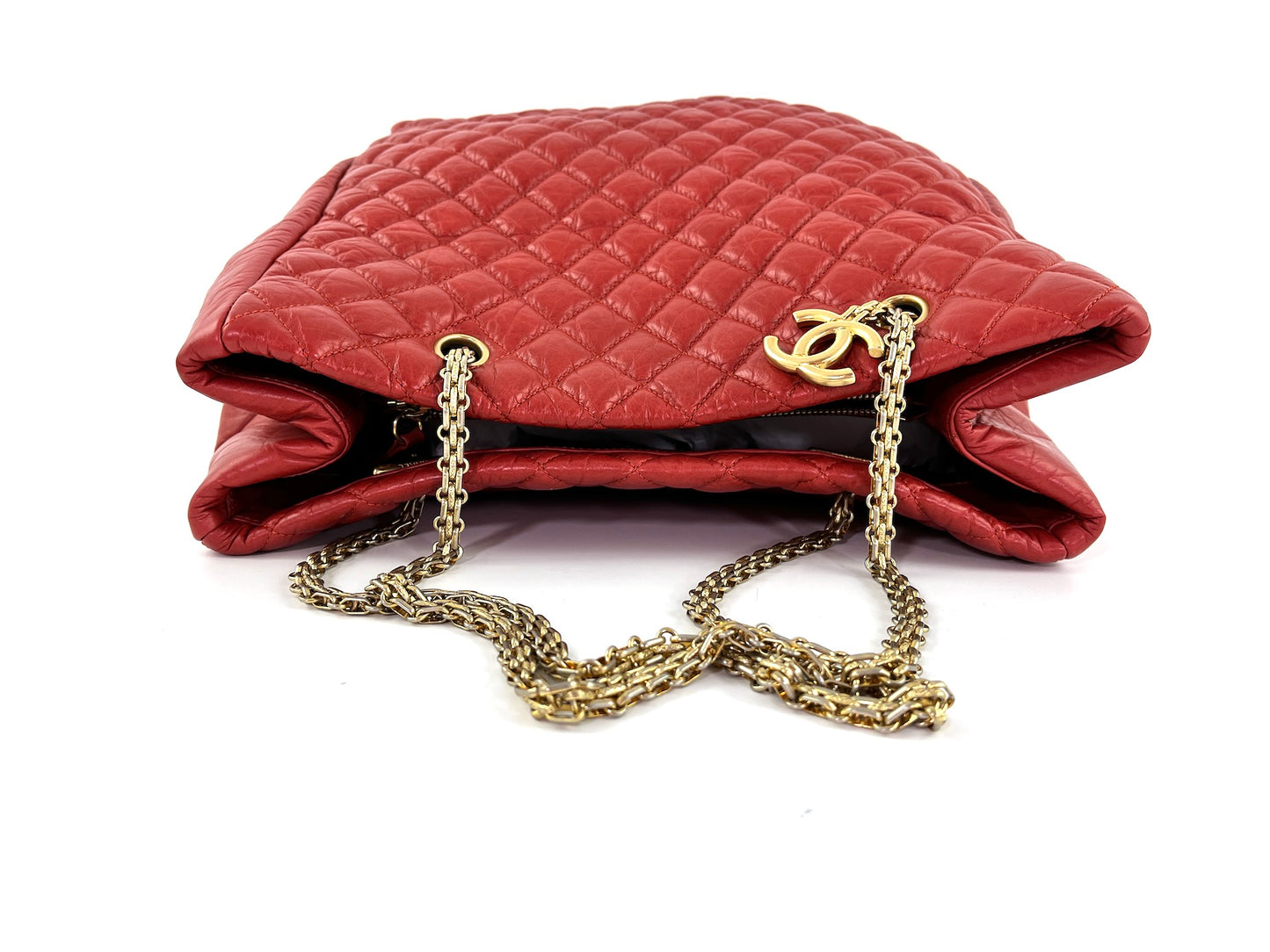 CHANEL Red Quilted North South Chain Leather Tote Bag