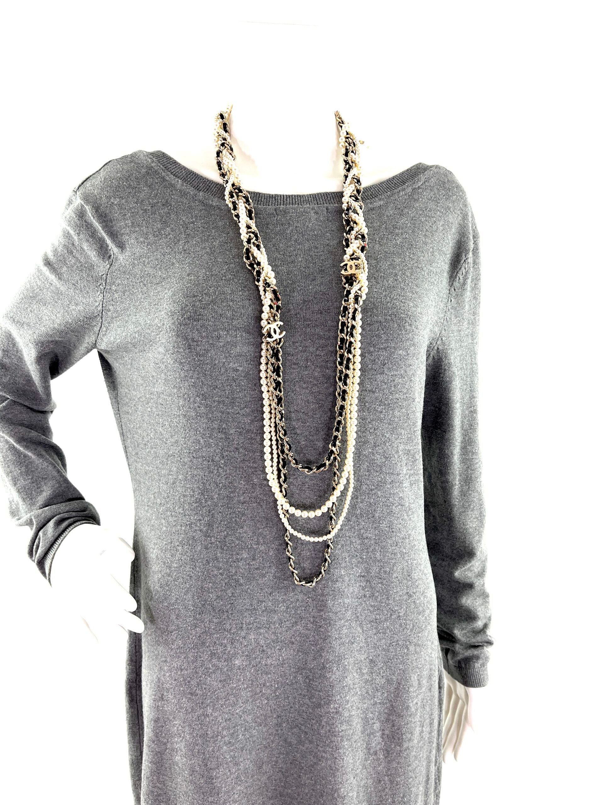 Chanel Faux Pearl Chain Leather Multistrand CC Long Necklace