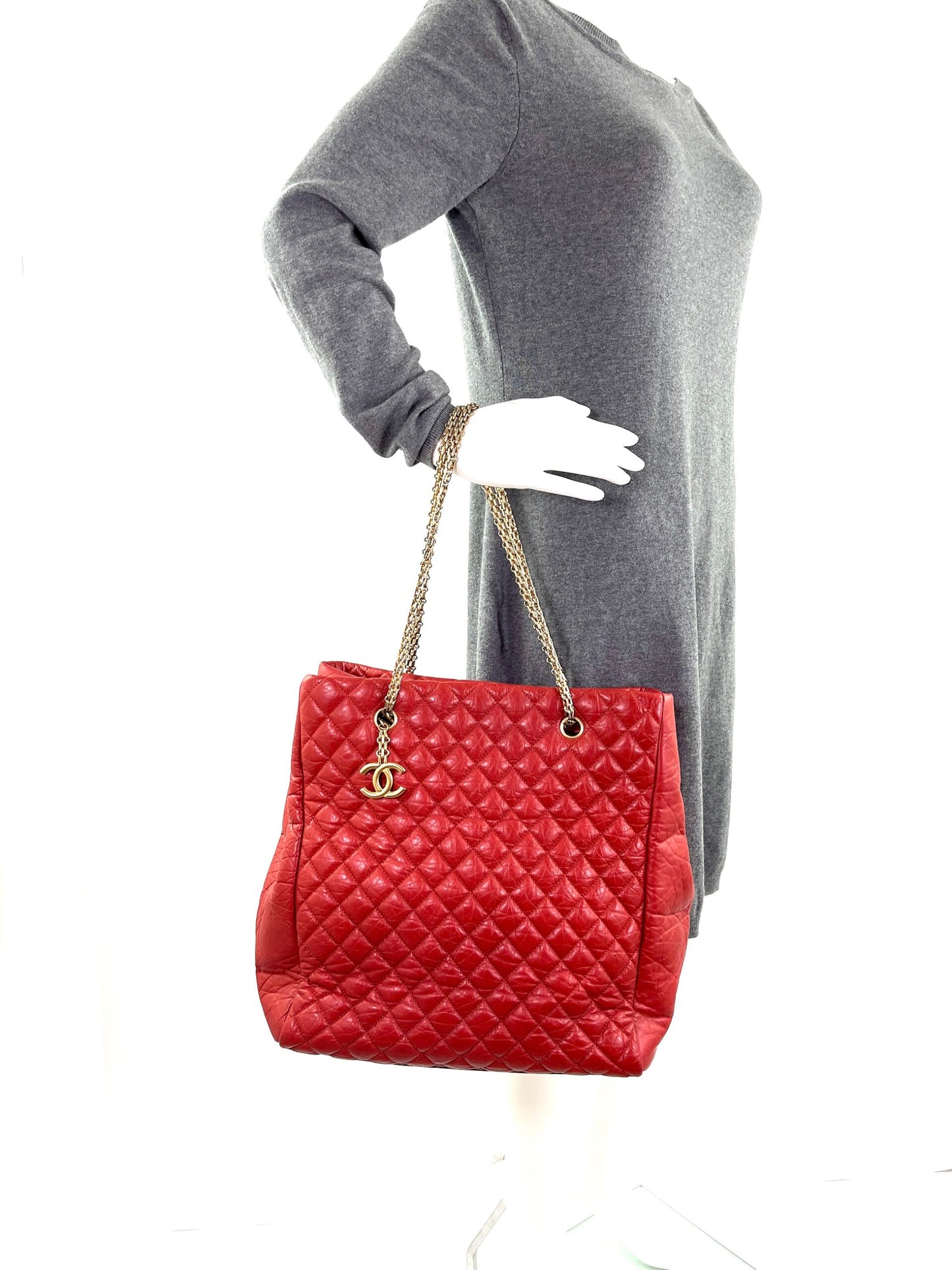 CHANEL Red Quilted North South Chain Leather Tote Bag