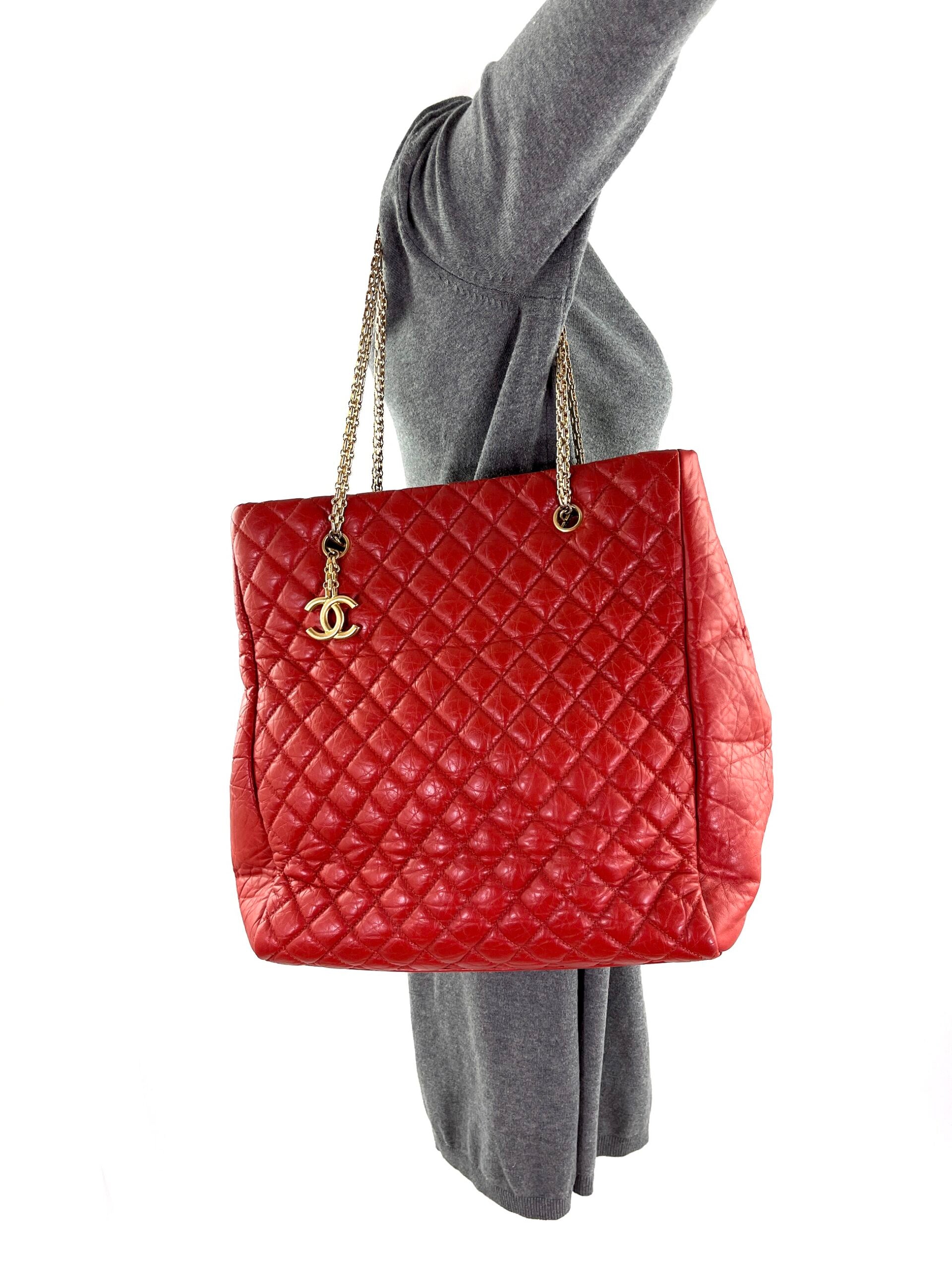 CHANEL Red Quilted North South Chain Leather Tote Bag