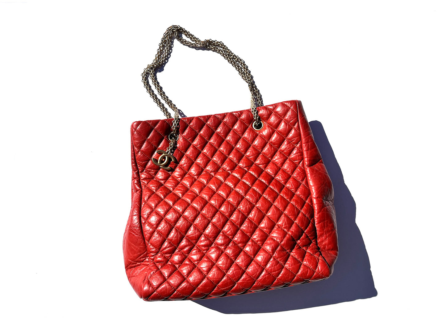 CHANEL Red Quilted North South Chain Leather Tote Bag