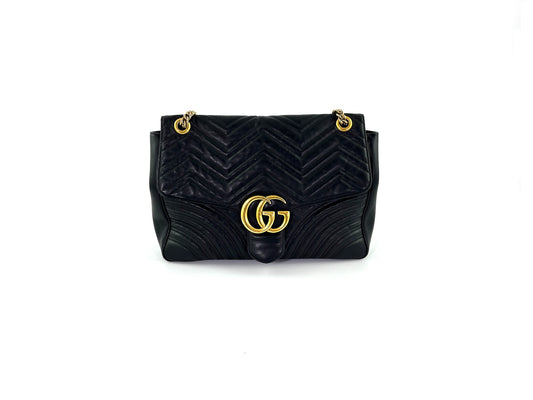 GUCCI Marmont Matelasse Large GG Black Chevron Leather Shoulder Bag