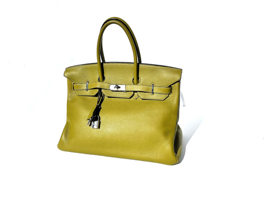 HERMES Birkin 35 Vert Chartreuse Clemence Leather Bag