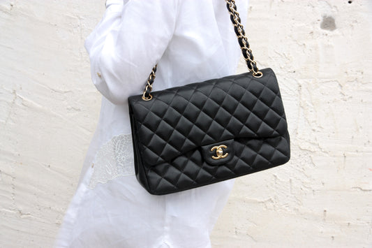 CHANEL Lambskin Quilted Gold Hardware Jumbo Classic Double Flap Bag