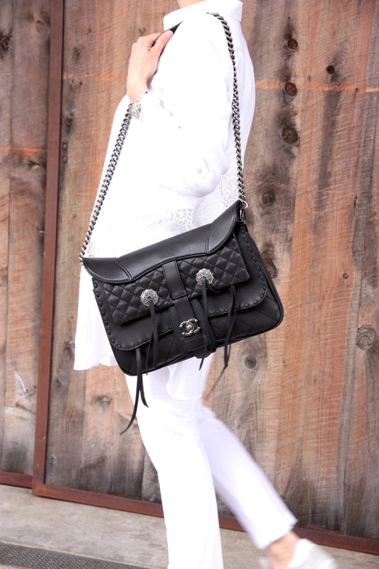 CHANEL Black Paris-Dallas Fringe Saddle Messenger Bag