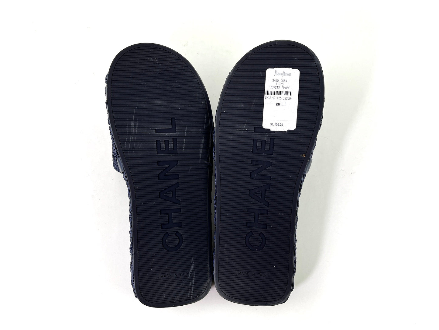 CHANEL 2021 Raffia Navy CC Logo Slip On Espadrille Sandals 38 7.5