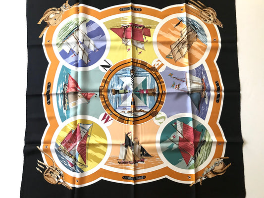 Hermes Belles Amures Black Blue 90cm Silk Scarf