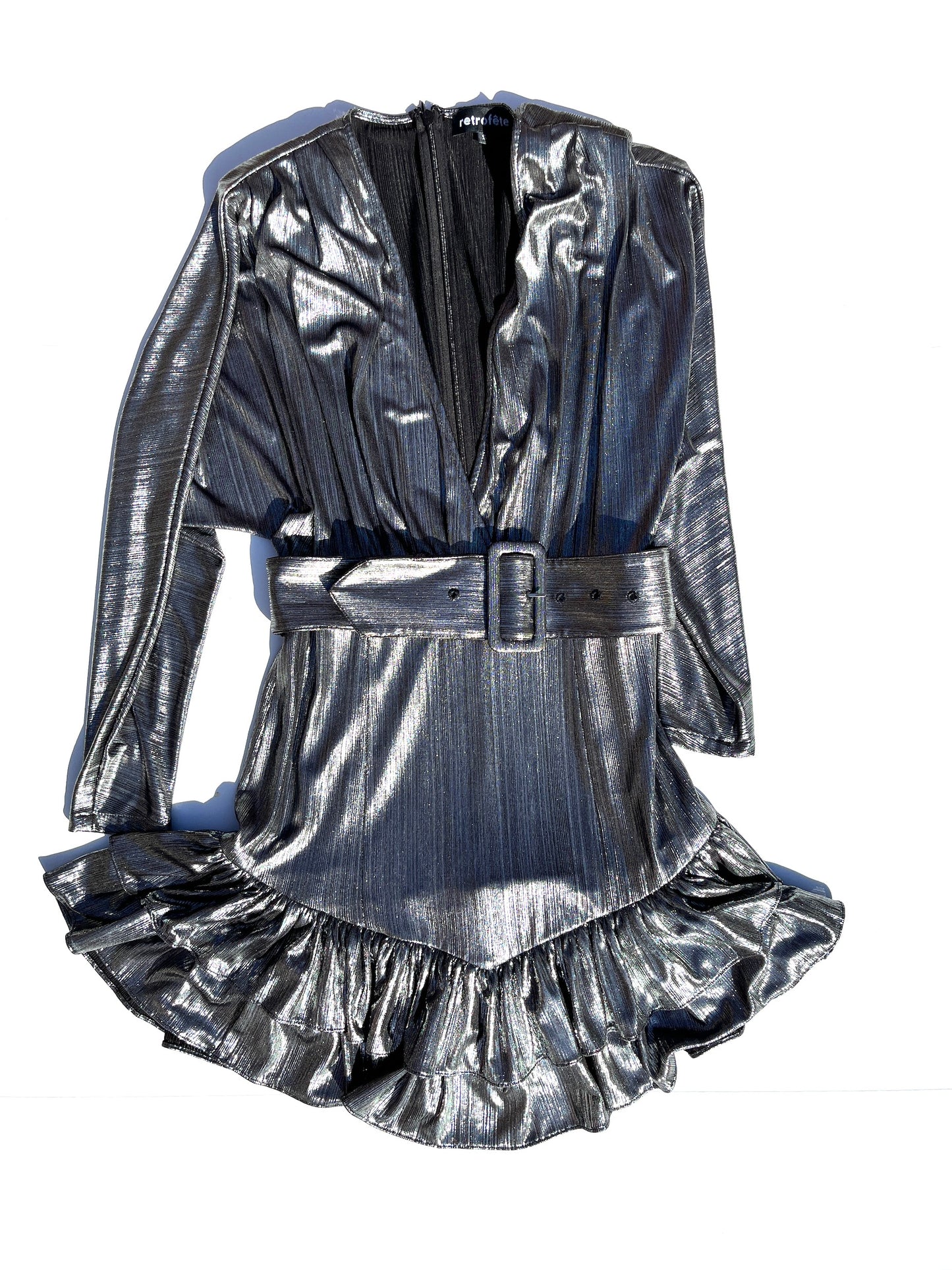 Retrofete Metallic V Neck Mini Long Sleeve Belted Dress S