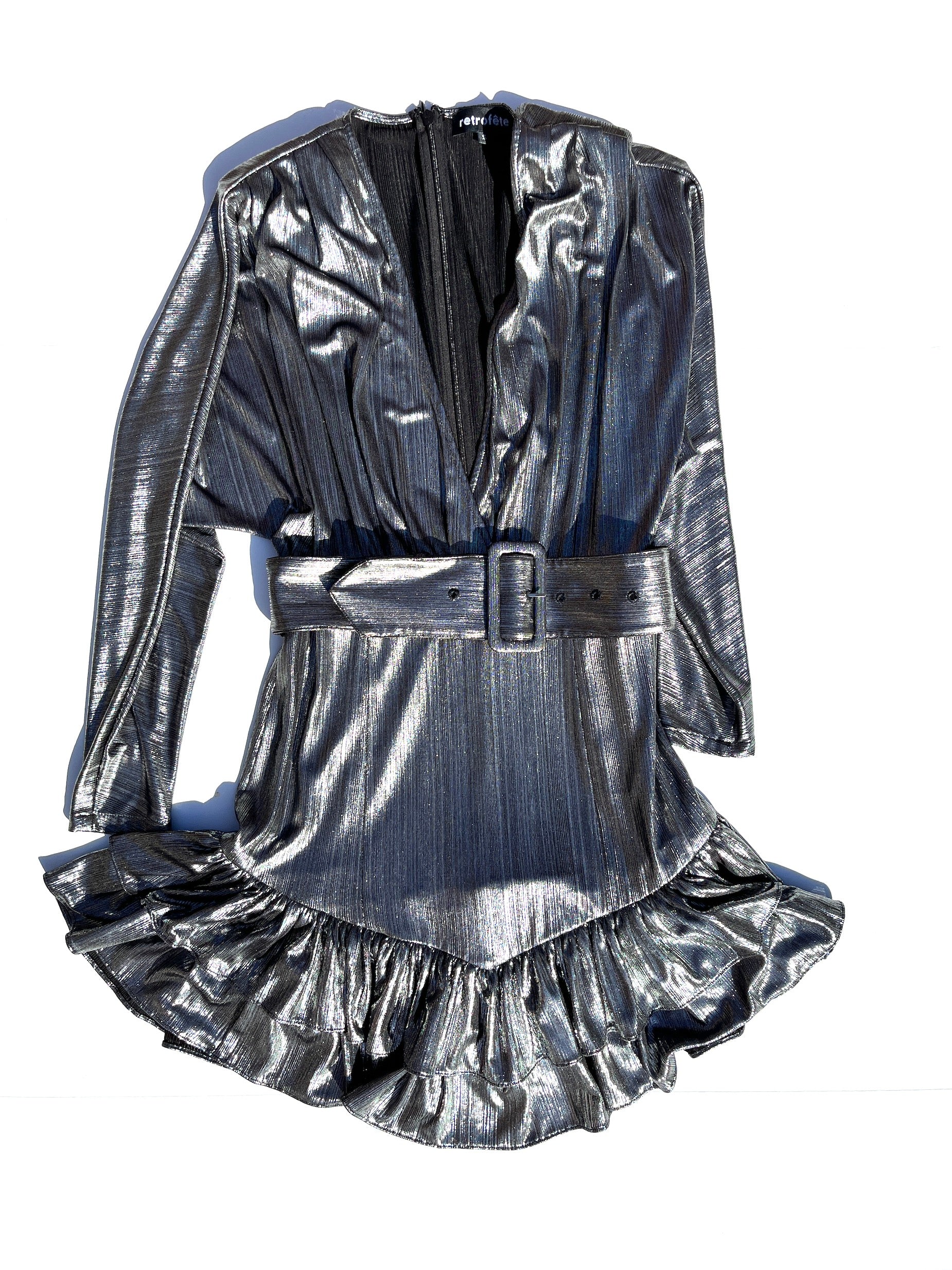 Retrofete Metallic V Neck Mini Long Sleeve Belted Dress S Fashion Reloved Retrofete Metallic V Neck Mini Long Sleeve Belted Dress S Fashion Reloved