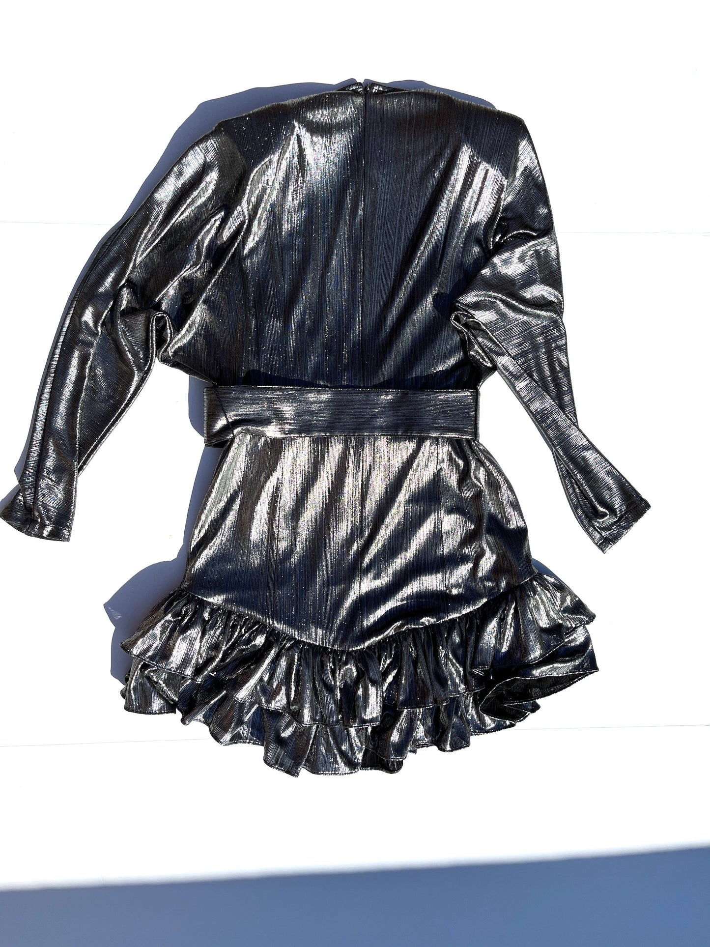 Retrofete Metallic V Neck Mini Long Sleeve Belted Dress S