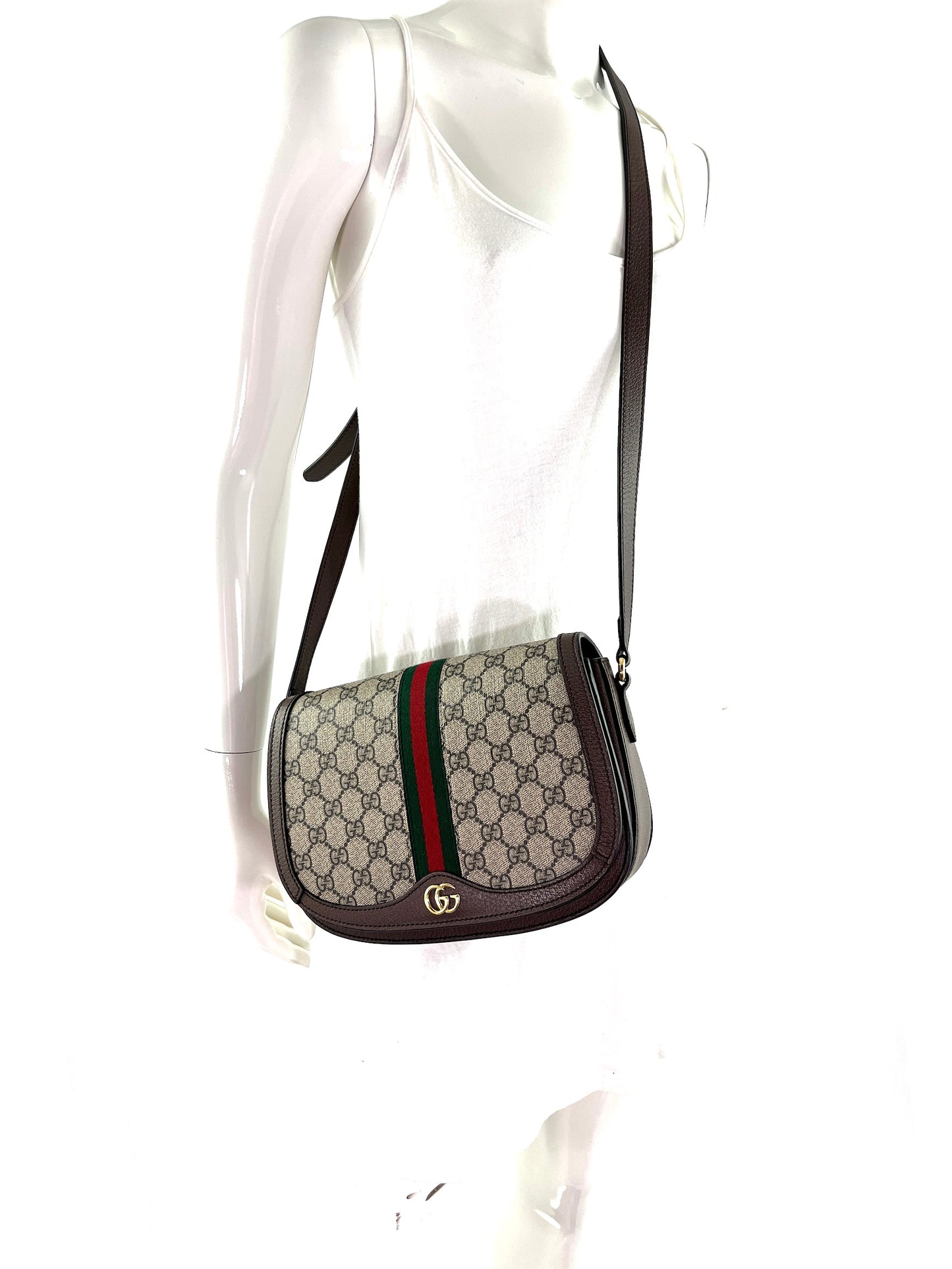 GUCCI Small Ophidia GG Supreme Web Crossbody Saddle Bag