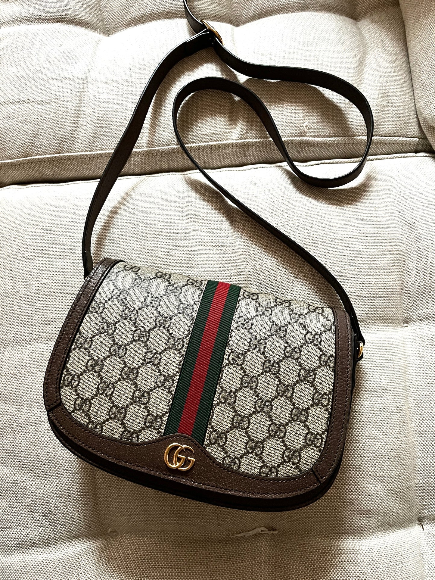 GUCCI Small Ophidia GG Supreme Web Crossbody Saddle Bag