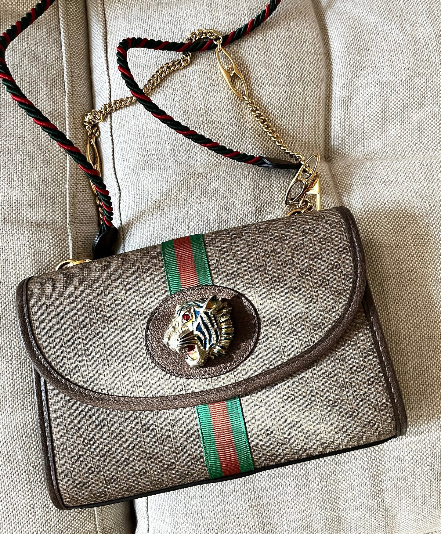 GUCCI Rajah Tiger Head GG Monogram Web Crossbody Bag