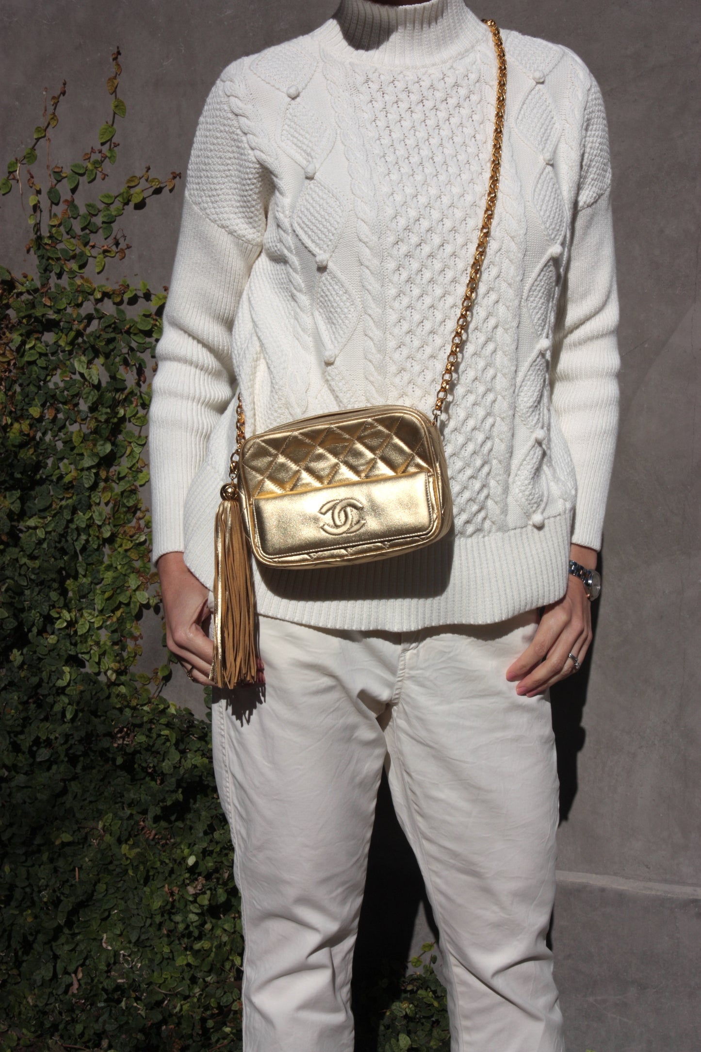 Vintage Chanel Quilted Gold CC Camera Tassel Shoulder Bag