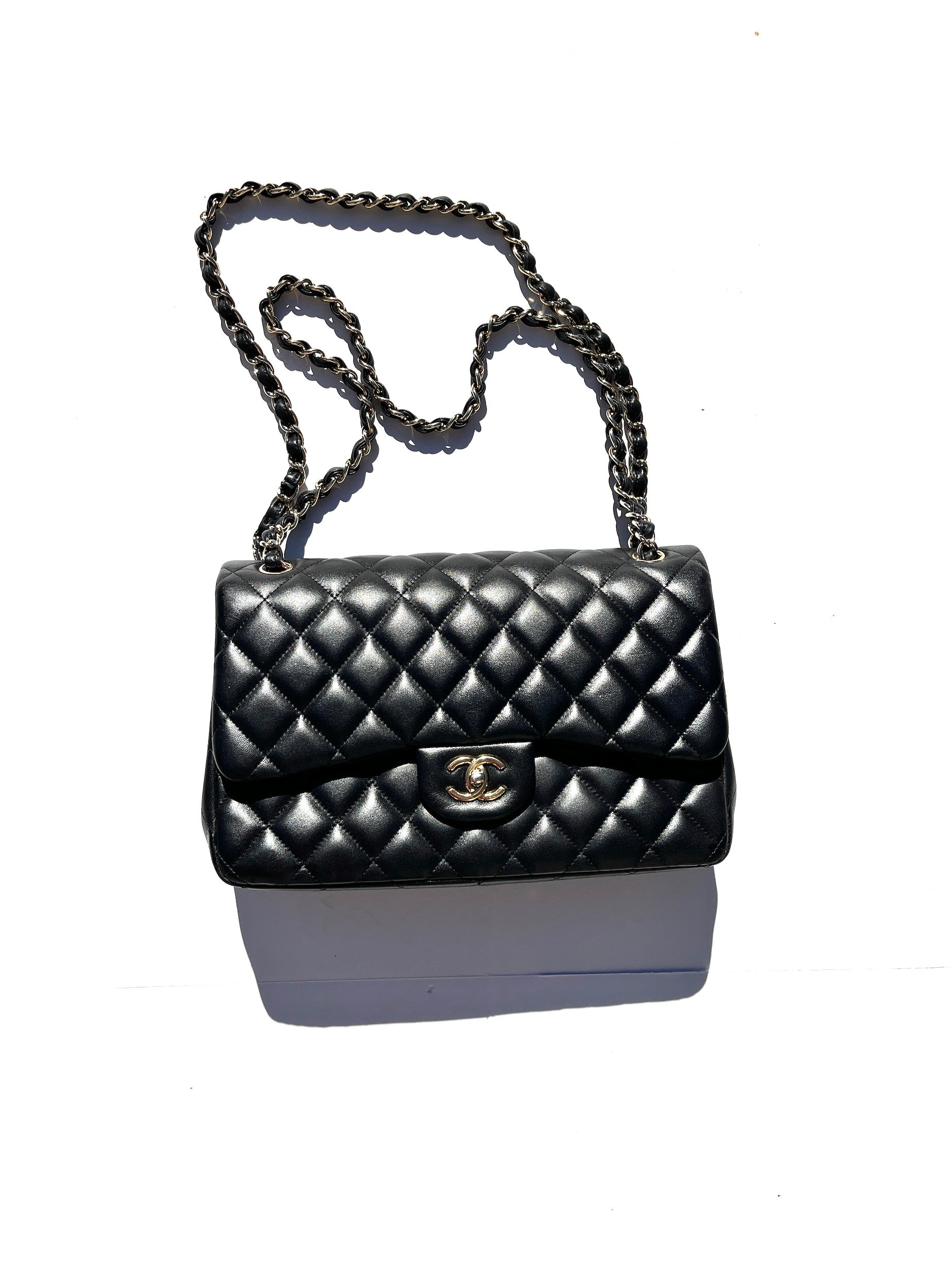 CHANEL Black Lambskin Jumbo Quilted Gold Hardware Classic Double Flap Bag