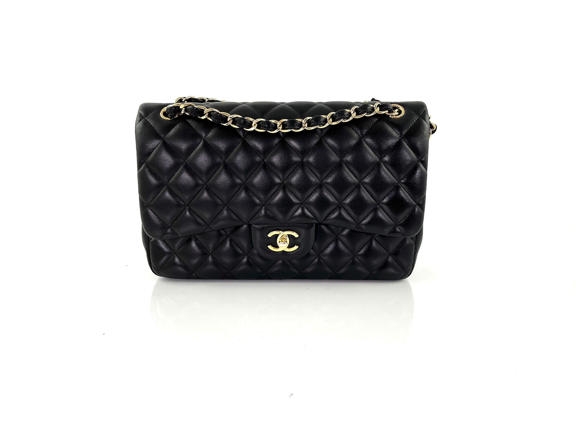 CHANEL Black Lambskin Jumbo Quilted Gold Hardware Classic Double Flap Bag