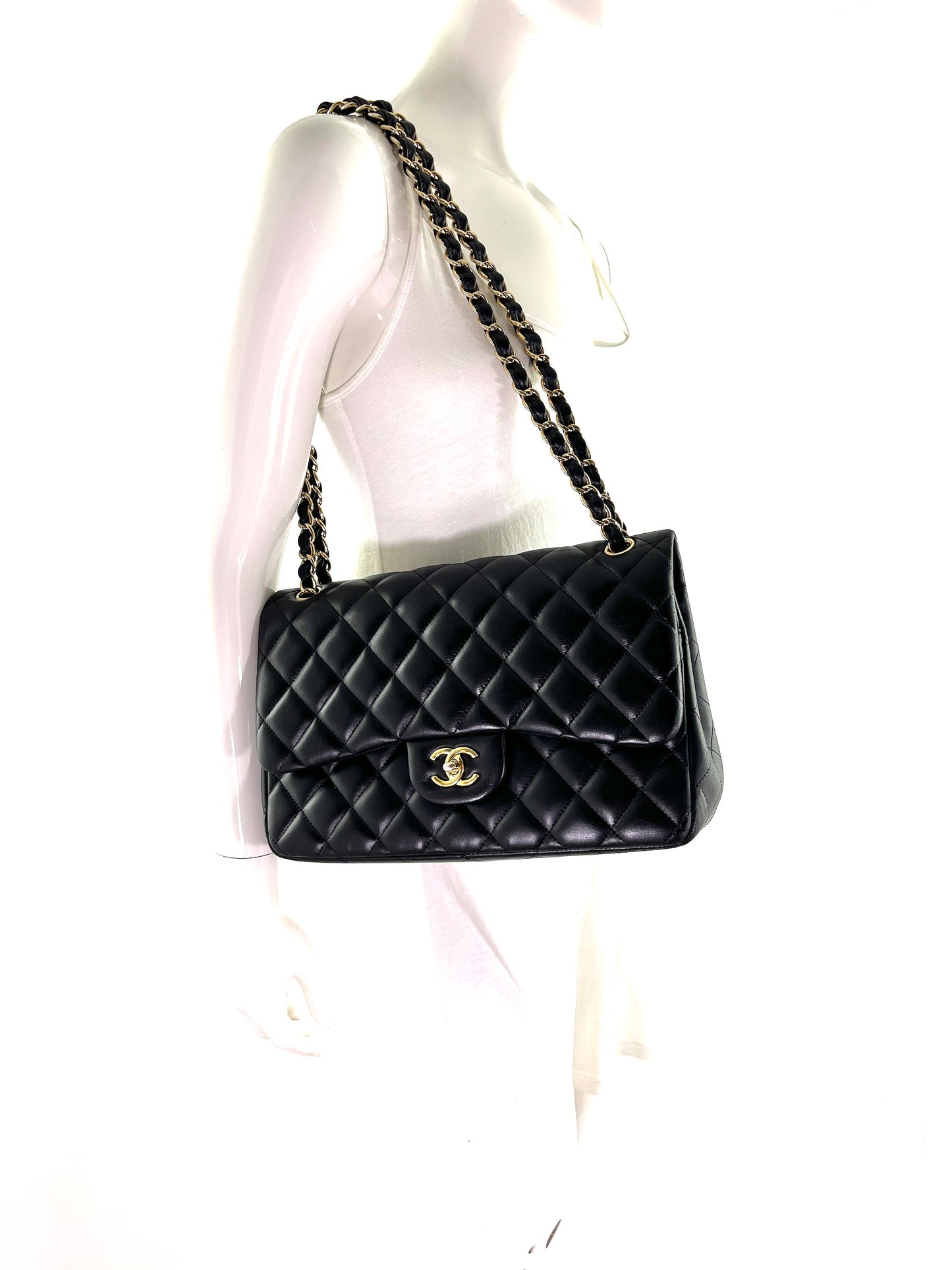 CHANEL Black Lambskin Jumbo Quilted Gold Hardware Classic Double Flap Bag